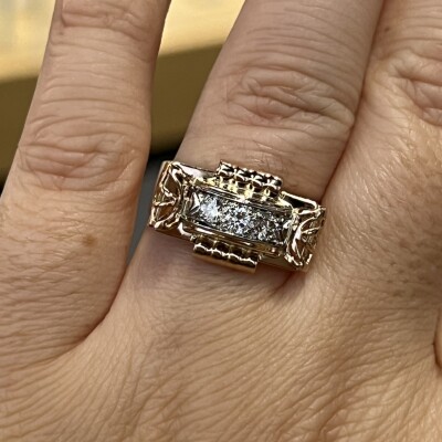 Bague Tank en or rose, platine et diamants pour 0,30 carat vers 1940