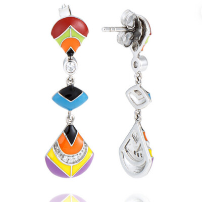 Boucles d'oreilles pendantes Una Storia paon en argent, laque et oxyde de zirconium