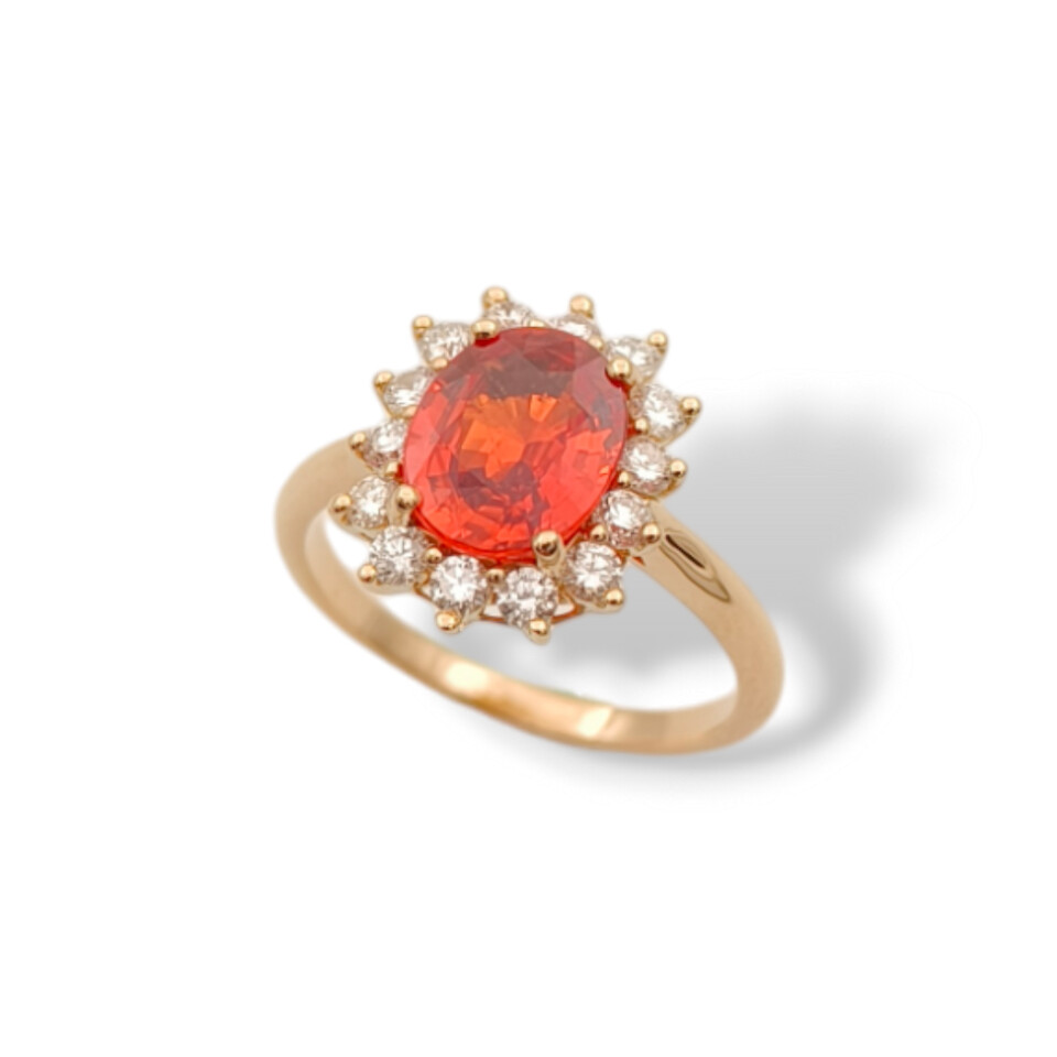 Bague or jaune 750/1000, Saphir Orange, Diamants