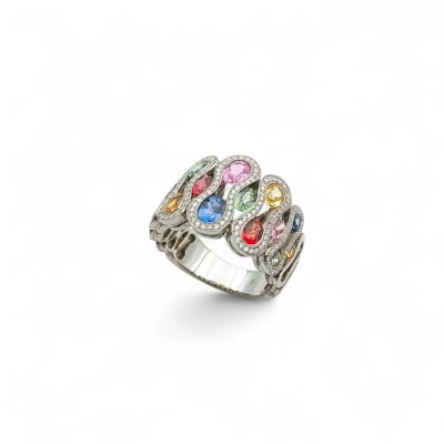 Bague Waskoll or blanc Saphirs multicouleur et Diamants