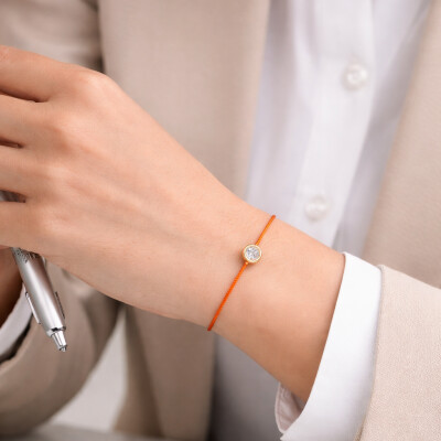 Bracelet SOLO SHINE - diamant monté sur or jaune et cordon orange fluo