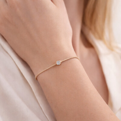 Bracelet SOLO SHINE - dimant monté sur or rose & cordon beige