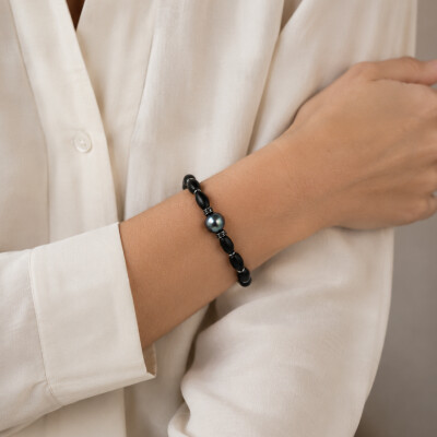Bracelet en Onyx Diamants Noirs et Perle de Tahiti