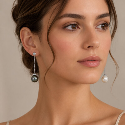 Boucles d’Oreilles Duo de Perles en Or Gris et Diamants