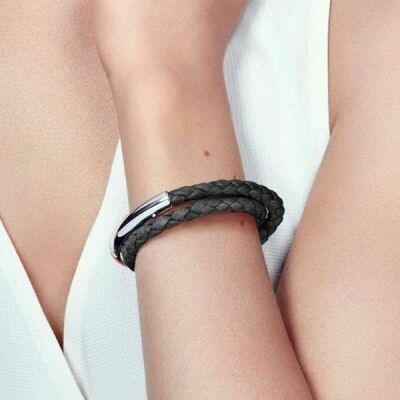 Bracelet CHRISTOFLE Duo Complice GM Argent et cuir Anthracite T2