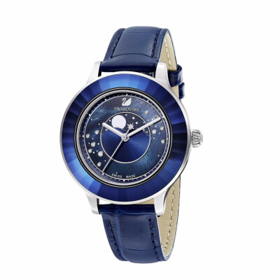 Montre Swarovski 5516305 - Octea Lux Cadran Phase Lune Bracelet Cuir Bleu Lunette Cristal Dark Indigo Femme