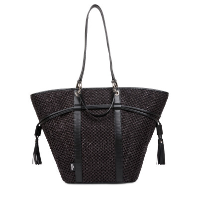 Sac seau cabas Elsa Raffia et cuir de vachette lisse Noir