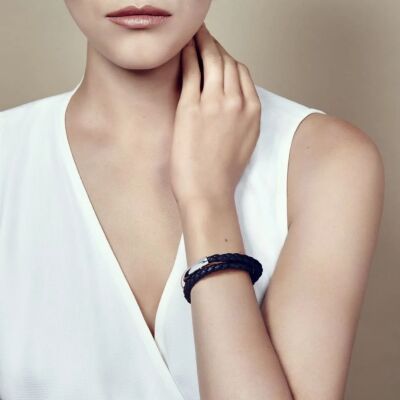 Bracelet Christofle Duo Complice Argent et cuir bleu T3