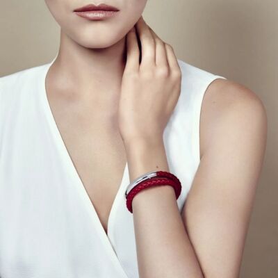 Bracelet Christofle Duo Complice Argent et cuir rouge T3