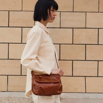 Sac porté épaule nat & nin Jen Cognac - Cuir Glacé craquelé