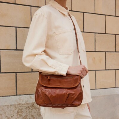 Sac porté épaule nat & nin Jen Cognac - Cuir Glacé craquelé