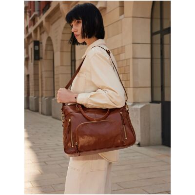 Sac cabas nat & nin Macy Cognac - Cuir glacé craquelé