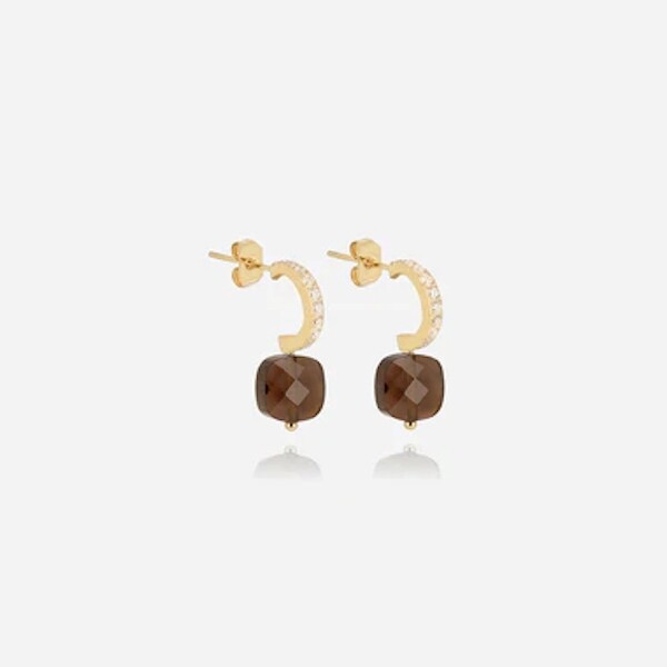 Boucles d'oreilles créoles Zag bijoux PABLO en acier doré, oxydes de zirconium et quartz fumé
