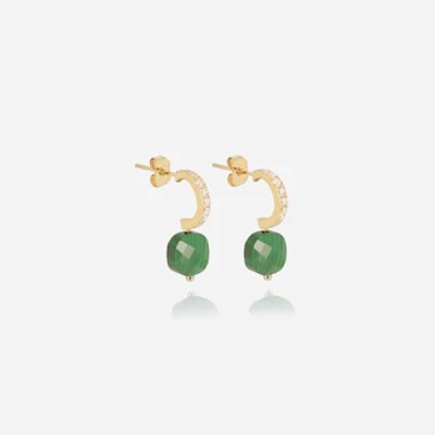 Boucles d'oreilles créoles Zag bijoux PABLO en acier doré, oxydes de zirconium et malachite