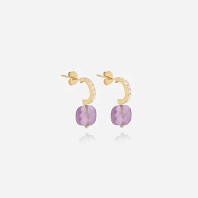 Boucles d'oreilles créoles Zag bijoux PABLO en acier doré, oxydes de zirconium et améthystes