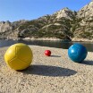 Boules de pétanque tout-terrain LA MARIOLE en cuir recyclé BLEU CIEL/JAUNE