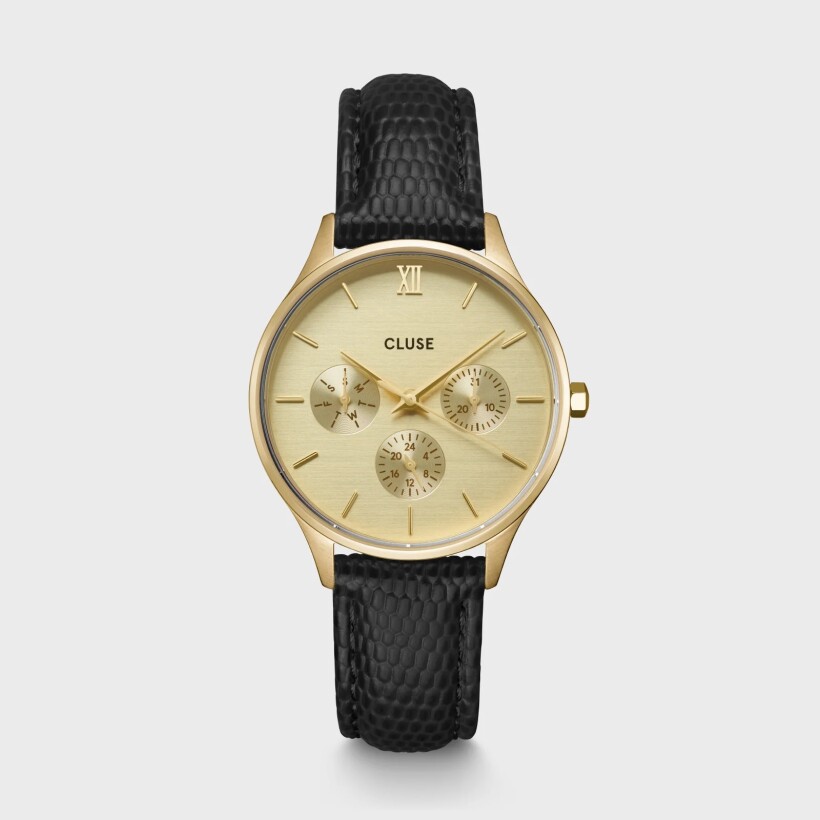 Montre Cluse Minuit Multifunction Leather, Black Lizard, Gold Colour CW10705