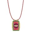 Pendentif Mya Bay Fuchsia Eye Boheme médaillon en laiton doré à l'or fin 24K, cristaux et émail, 53cm