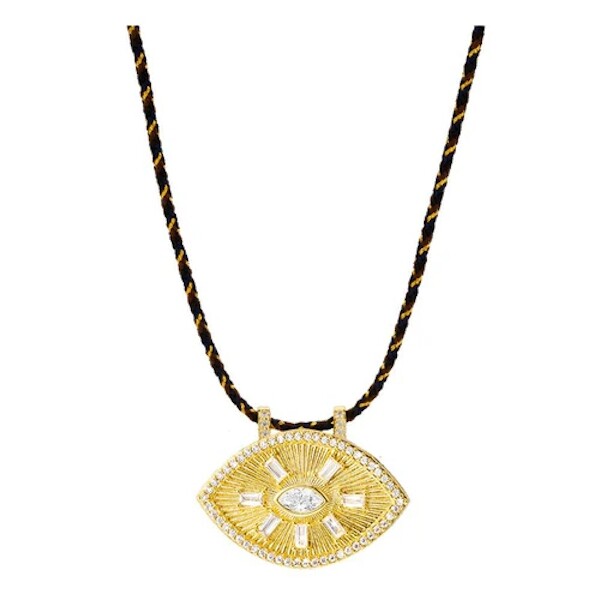 Pendentif Mya Bay Black Tilak médaillon en laiton doré à l'or fin 24K et cristaux, 45cm