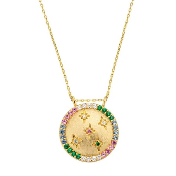 Pendentif Mya Bay Rainbow Moon médaillon en laiton doré à l'or fin 24K et cristaux, 45cm