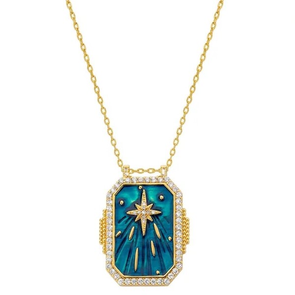 Pendentif Mya Bay Blue Diwali Boheme médaillon en laiton doré à l'or fin 24K, cristaux et émail, 45cm