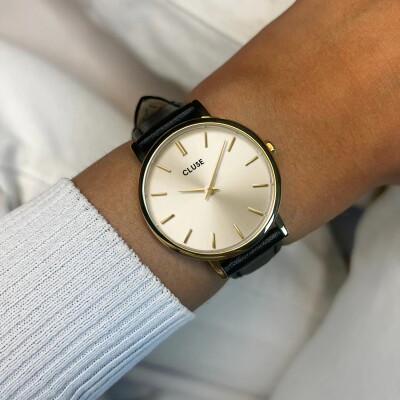Gift Box Pavane Petite 2.0 Steel Watch Gold & Black Leather Strap, Gold Colour