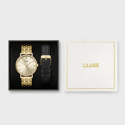 Gift Box Pavane Petite 2.0 Steel Watch Gold & Black Leather Strap, Gold Colour