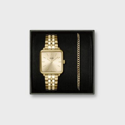 Gift Box La Tétragone Full Gold Steel Watch & Curb Chain Bracelet, Gold Colour