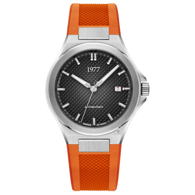 Montre 1977 Arsène Automatique 42,5mm Cadran noir, bracelet caoutchouc orange