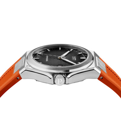 Montre 1977 Arsène Automatique 42,5mm Cadran noir, bracelet caoutchouc orange
