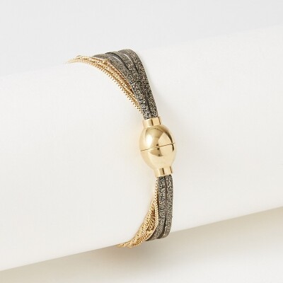 Bracelet Flowersforzoé CLOVER Noir Sparkling en cuir et métal doré T2