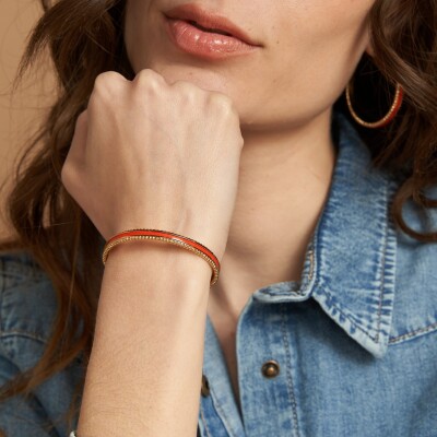 Bracelet jonc Flowersforzoé TUESDAY Orange Blood en cuir et métal doré