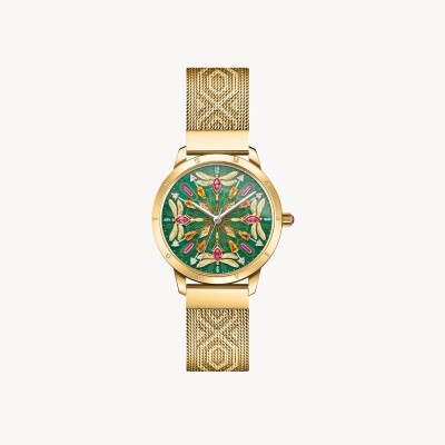 Montre pour femme kaléidoscope libellule vert couleur or jaune
