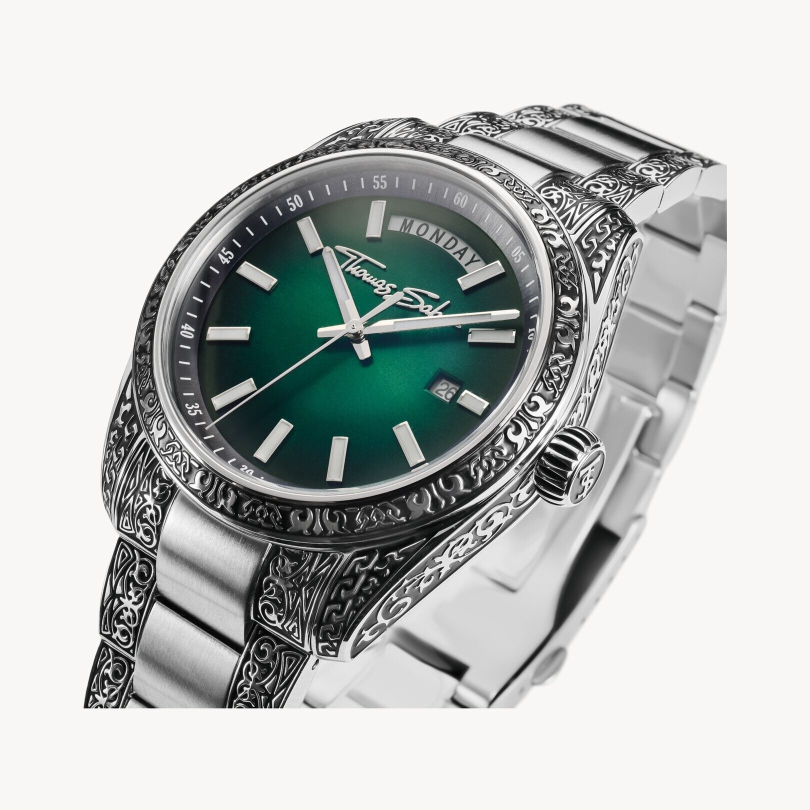 Montre Rebel at Heart Revive 40 mm en acier inoxydable vert fumé, motif gravé vue 3