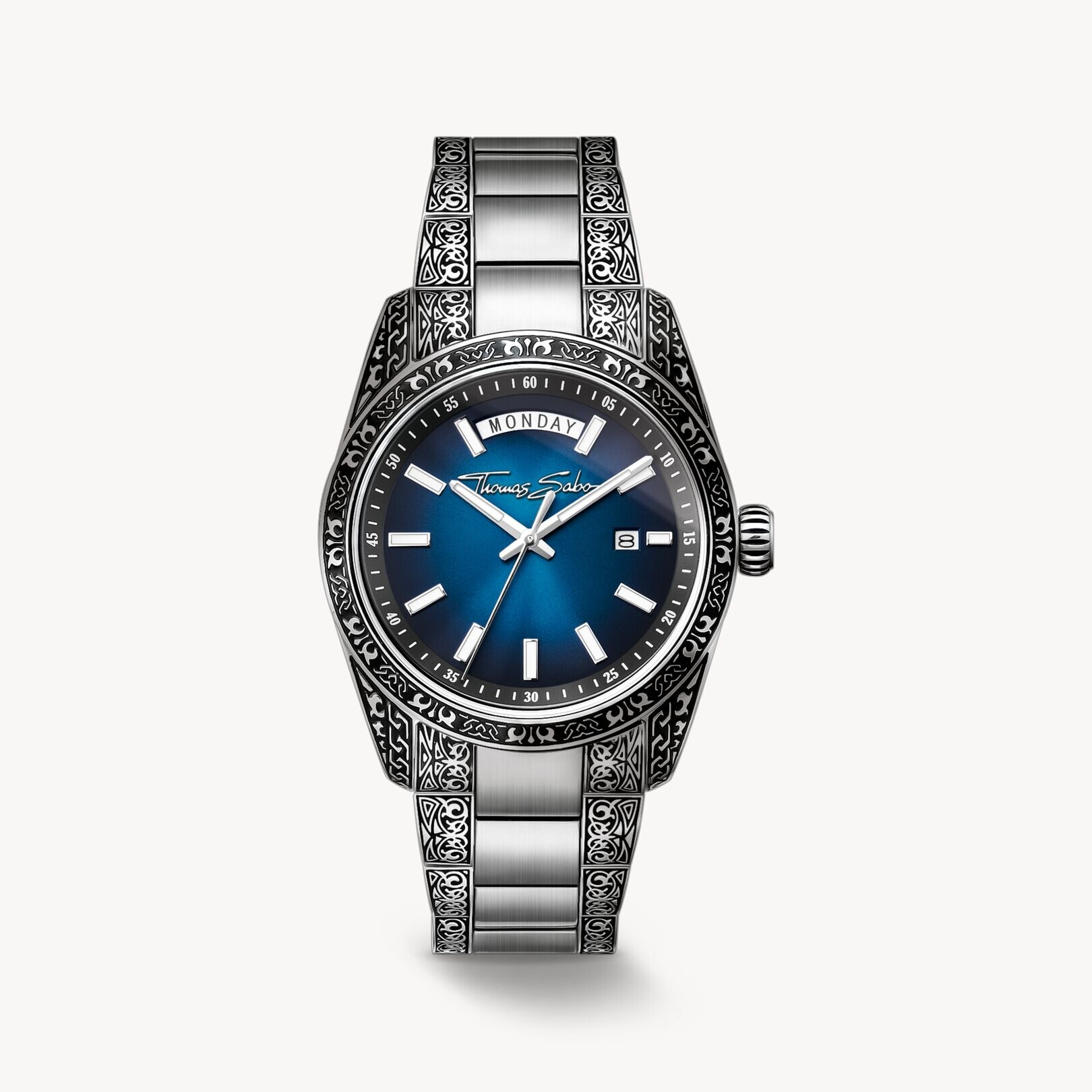 Montre Rebel at Heart Revive 40 mm en acier inoxydable bleu nuit, motif gravé vue 1