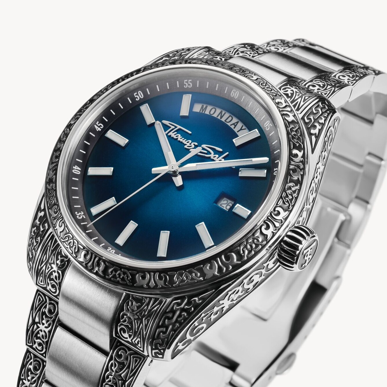 Montre Rebel at Heart Revive 40 mm en acier inoxydable bleu nuit, motif gravé vue 3