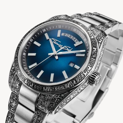 Montre Rebel at Heart Revive 40 mm en acier inoxydable bleu nuit, motif gravé