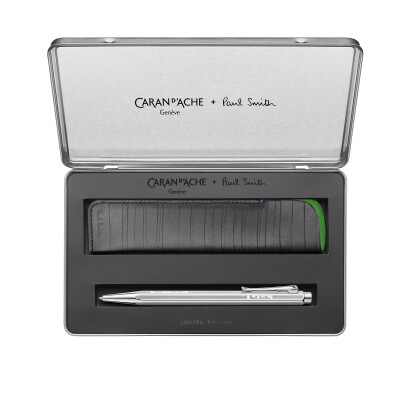 Set Stylo Bille CARAN D'ACHE Ecridor™ Paul Smith Gris Argenté & Étui en Cuir Noir