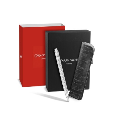 Set Stylo Bille CARAN D'ACHE Ecridor™ Damier Gris Argenté & Étui en Cuir Noir