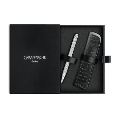 Set Stylo Bille CARAN D'ACHE Ecridor™ Damier Gris Argenté & Étui en Cuir Noir