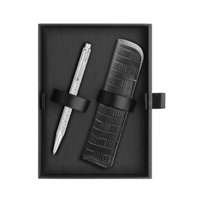 Set Stylo Bille CARAN D'ACHE Ecridor™ Damier Gris Argenté & Étui en Cuir Noir