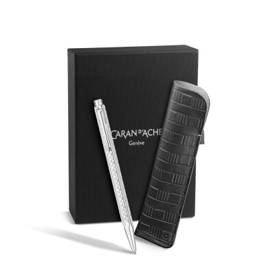 Set Stylo Bille CARAN D'ACHE Ecridor™ Damier Gris Argenté & Étui en Cuir Noir