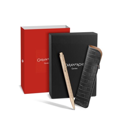 Set Stylo Bille CARAN D'ACHE Ecridor™ Damier Doré Rose & Étui en Cuir Noir