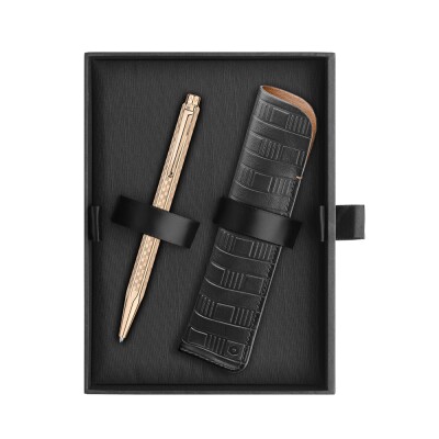 Set Stylo Bille CARAN D'ACHE Ecridor™ Damier Doré Rose & Étui en Cuir Noir