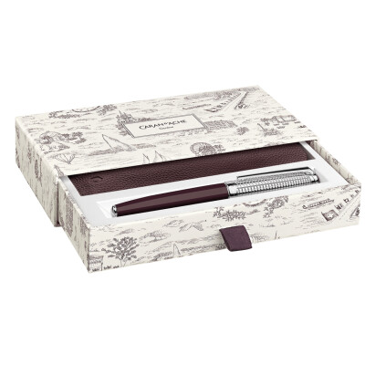 Set Stylo Plume taille M Léman™ Toile de Jouy & Étui en Cuir Bordeaux