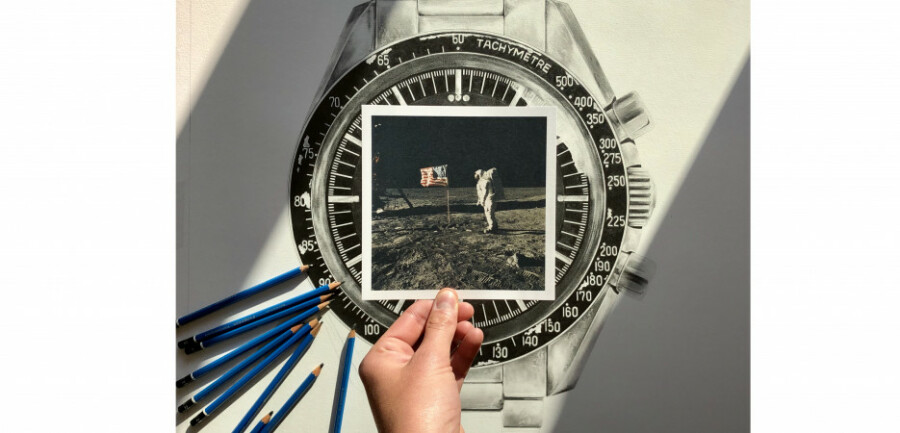 Dessin montre Omega Speedmaster Moonwatch avec astronaute