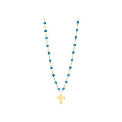 Collier Gigi Clozeau Croix en or jaune et résine azur, taille 42cm
