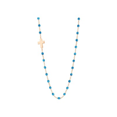 Collier Gigi Clozeau Croix en or rose et résine azur, taille 42cm