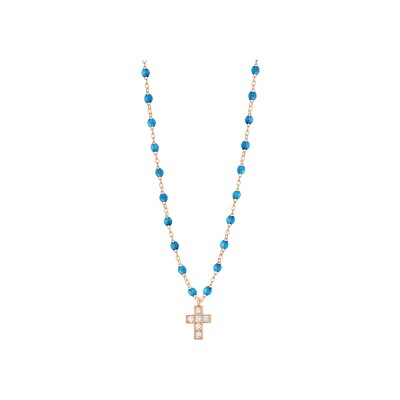 Collier Gigi Clozeau Croix en or rose, résine azur et diamants, taille 42cm
