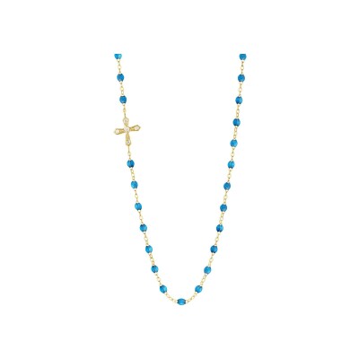 Collier Gigi Clozeau Croix Vintage en or jaune, résine azur et diamants, taille 42cm